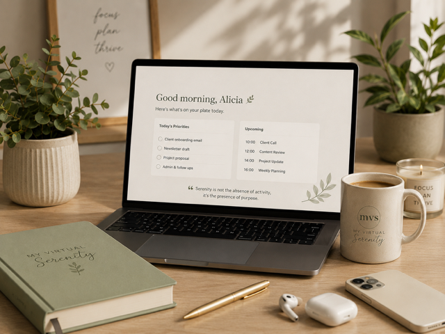 A calm, organised workspace with a laptop, notebook and warm cup of tea